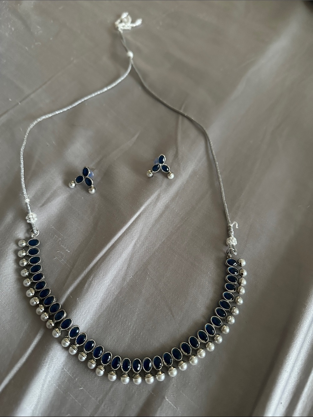 Fashion Jewelry Silver-Tone Necklace and Earrings with Navy Blue Accents